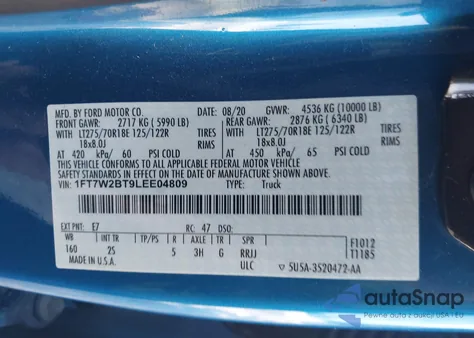 2020 Ford F-250 Xlt z USA, uszkodzony, nr VIN 1FT7W2BT9LEE04809